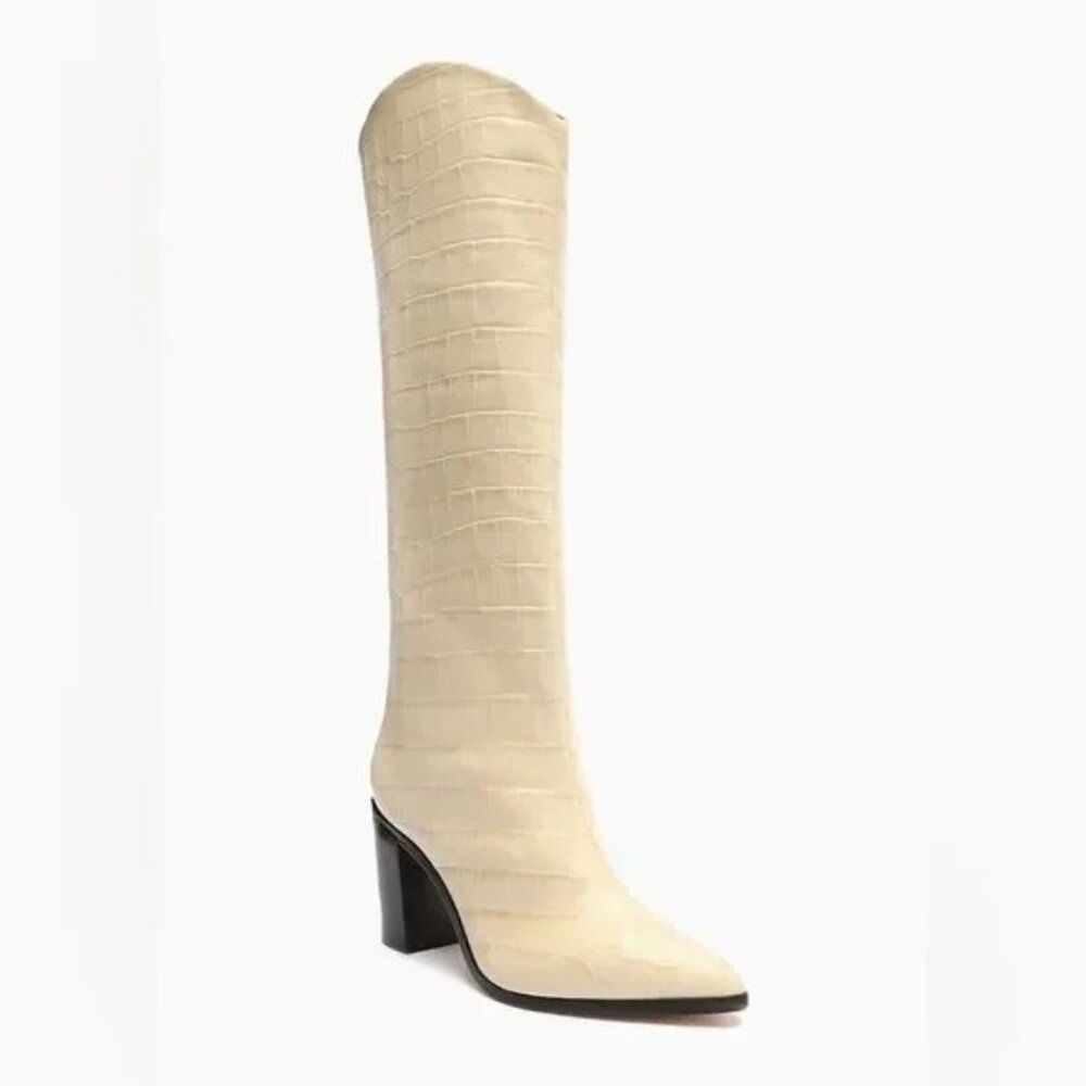 SCHUTZ MARYANA BLOCK CROCODILE-EMBOSSED LEATHER BOOT Size 5